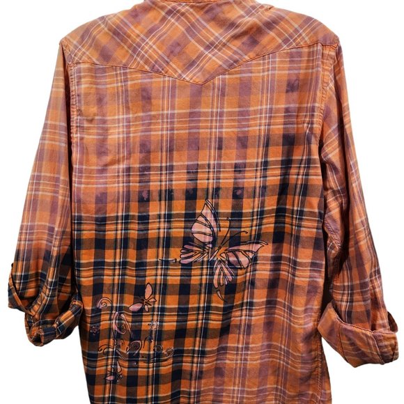 Old Navy Men Flannel Western Snap Plaid Bleached Unisex Hand Painted Butterflies - Picture 4 of 5